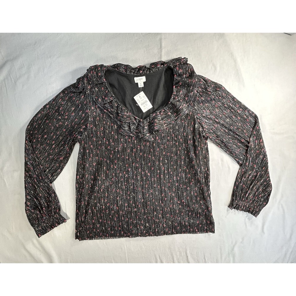J. Crew Shimmer V-Neck Ruffle Top in a Black Metallic floral women's Large NEW